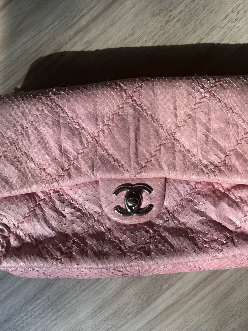 CHANEL Pink Quilted Python Flap Clutch with CC Turn-Lock
